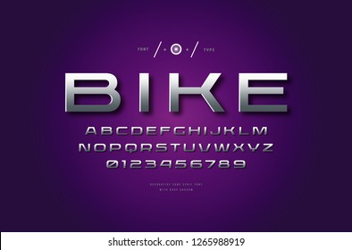 Stock vector silver colored and metal chrome extended sans serif font, alphabet, typeface. Letters and numbers for logo and headline design