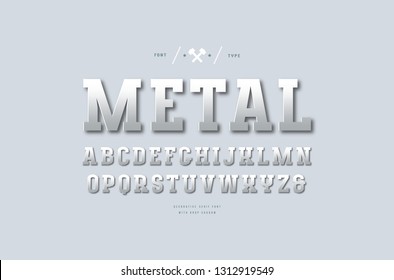 Stock vector silver colored and metal chrome slab serif font. Letters for sport logo and headline design. Color print on light gray background