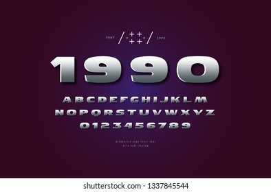 Stock vector silver colored and metal chrome extended sans serif font. Letters and numbers for logo and emblem design