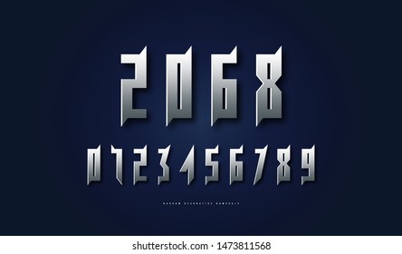 Stock vector silver colored and metal chrome narrow numerals. For sci-fi, cinema, space logo and emblem design