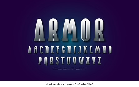 Stock vector silver colored and metal chrome narrow serif font. Letters for logo and emblem design