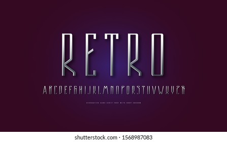Stock vector silver colored and metal chrome narrow sans serif font. Thin line face. Letters for logo and emblem design
