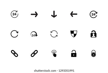 Stock vector simple set of interface arrows related contains such icons: Badge-clock work time; Circular arrow; Pointer direction for land navigation; Unlock; Link single; Chain l