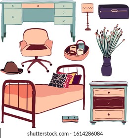 Stock vector sketch set of bedroom objects isolated on white background. Modern trend colors and vintage retro furniture. Bed desk bedside table wheelcair home plant lamp flowes for indoor interior.