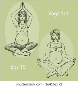 Stock vector  sketch set of a pregnant woman meditating and doing yoga