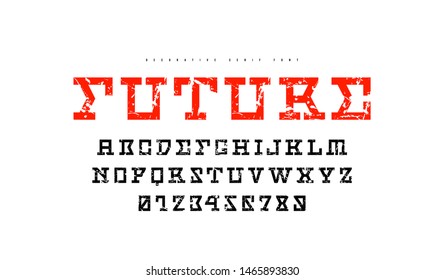 Stock vector slab serif font. Letters and numbers with vintage texture for sci-fi, movie, cyber and space logo design. Color print on white background