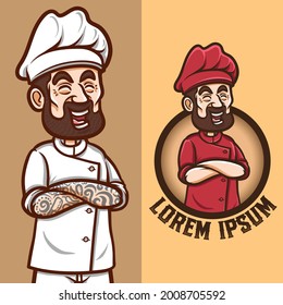 stock vector smiling chef with mustache in arms crossed pose isolated illustration