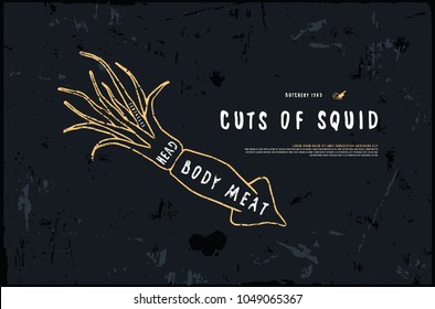 Stock vector squid cuts diagram in the style of handmade graphics. Illustration with rough texture. Color print on black background