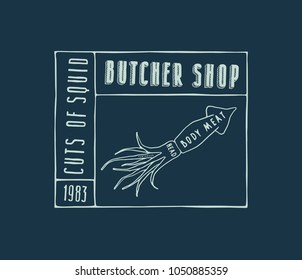 Stock vector squid cuts diagram in the style of handmade graphics. Label template for butcher shop. Color print on dark blue background