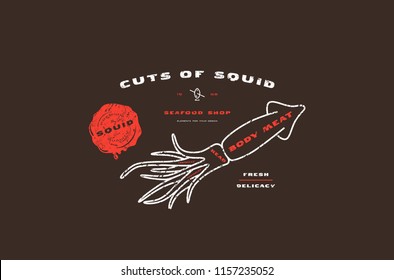 Stock vector squid cuts diagram in thin line style. Design with rough texture. Color print on black background 