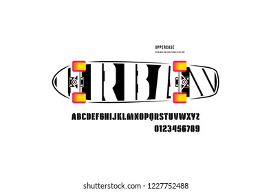 Stock vector stencil-plate sans serif font, alphabet, typography. Print for t-shirt with longboard image. Extra bold face. Letters and numbers for logo and emblem design