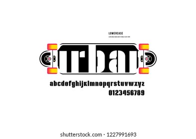 Stock vector stencil-plate sans serif font, alphabet, typography. Print for t-shirt with longboard image. Extra bold face. Lowercase letters and numbers for logo and emblem design