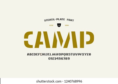 Stock vector stencil-plate sans serif font, alphabet, typography. Letters and numbers for logo and headline design. Isolated on white background