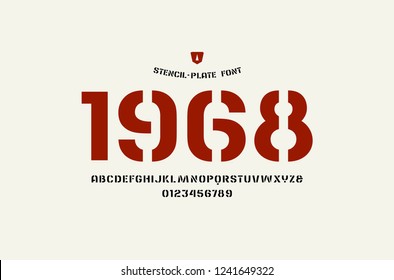 Stock vector stencil-plate sans serif font, alphabet, typography. Letters and numbers for logo and headline design. Isolated on white background