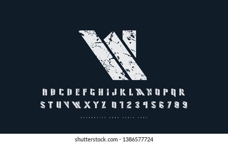 Stock vector stencil-plate sans serif font. Futuristic style typeset. Letters and numbers with rough texture for sci-fi, military, space logo and headline design. White print on black background
