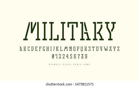 Stock vector stencil-plate slab serif font in military style. Letters and numbers for logo design. Isolated on white background