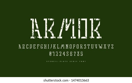 Stock vector stencil-plate slab serif font in military style. Letters and numbers with vintage texture for logo design. White print on green background