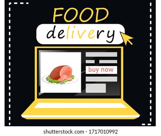 Stock-Vektorillustration stilvolle moderne Banner der Lebensmittelzustellung. Werbeplakat nimmt Essen weg. Laptop-Bildschirm zeigt Website-Onlineshop mit Schaltfläche Jetzt kaufen. Fleischschinken auf Gadget-Display