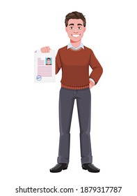 Stock vector successful business man holding signed resume. Manager character design. Flat style vector illustration