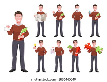 Stock vector successful business man, set of nine poses. Manager character design. Flat style vector illustration isolated on white