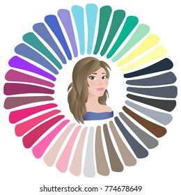 Stock vector summer type of female appearance. Face of young woman. Seasonal color analysis palette