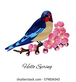 Stock Vector Swallow bird on a branch with flowers.