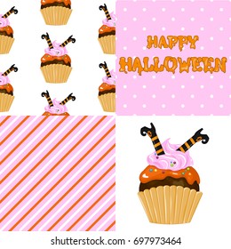 Stock vector. Sweet cupcake on the occasion of Halloween. Boots witch. Set for your design.