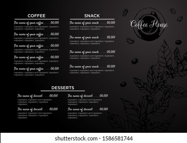 Stock vector template coffee house or restaurant menu. A beverage flyer for bar and cafe. Template with hand-drawn vintage illustration coffee and desserts on the black board.