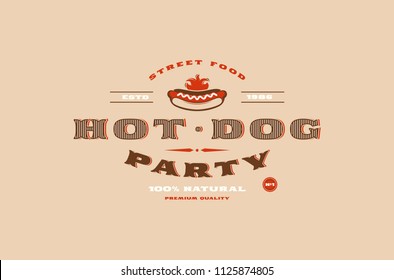 Stock vector template of hot dog label. Color print on brown background