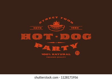 Stock vector template of hot dog label. Design with rough texture. Red print on dark background