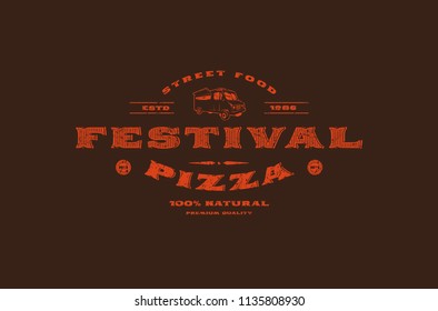 Stock vector template label of street food festival. Design with rough texture. Red print on a dark background