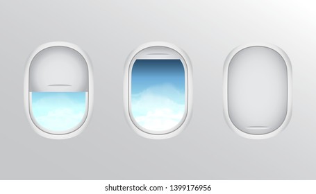 stock vector of three realistic portholes of airplane from white plastic with open and closed window shades