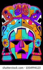 Stock vector totem mask of maya with snake and jaguar. Mexican style.