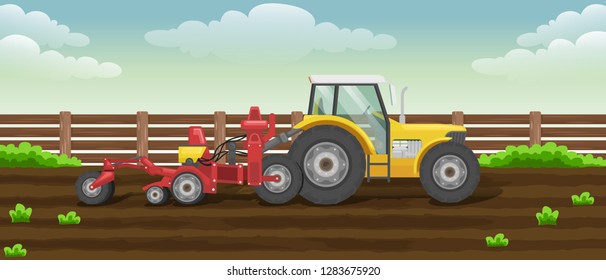 stock vector of tractor plowing the field. cartoon background nature concept