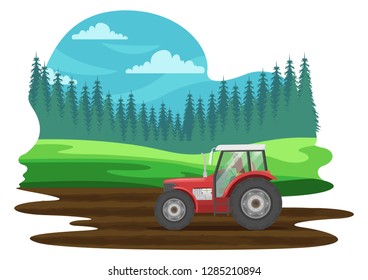 stock vector tractor plowing the field cartoon illustration of summer landscape with green hills. cartoon background nature concept