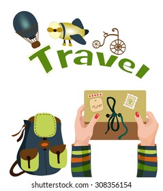 Stock Vector Travel. Female hand holding an envelope with a ticket, backpack, biking, the balloon and airplane