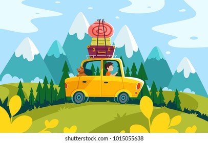 stock vector travelling composition with the car summer holidays horisontal