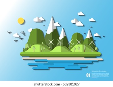 stock vector tropical island with palm tree and hill and turbine