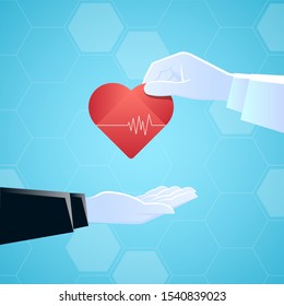 stock vector of two hands between red heart. describe donate internal human organs, transplantation, volunteering, and health care concept. vector illustration background.