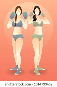 stock vector of two womens with the two hands clenched. kickboxing concept in beautiful woman pose and practice. vector illustration concept in flat style.