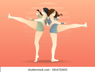 stock vector of two womens kicking the raised legs. kickboxing concept in beautiful woman pose and practice. vector illustration concept in flat style.