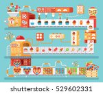 Stock vector vertical illustration of isolated conveyor production and packaging candies, lollipops and sweets in flat style on blue background for banners, website, printed materials, infographic