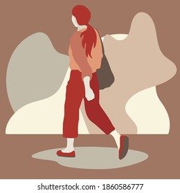 Stock vector view of a woman from the back walking with a shopping bag made in a flat design on the background of abstract geometric shapes. Quality image for your project