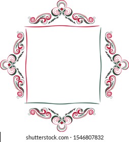 Stock vector vintage red and green frame for photo or text isolated on white background. Swirling ornament borders square. Elegant royal decorative elements for stylish greeting cards. Retro pattern