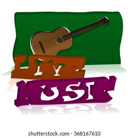 Stock Vector volume inscription live music and acoustic guitar in a flat profile. Isolated objects with reflection.It can be used with any image or separately.