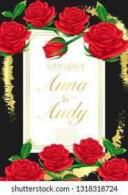 stock vector of wedding invitation with rose and golden splash template design in black background illustration