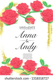 stock vector of wedding invitation with rose and golden splash template design in white background illustration