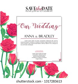stock vector of wedding invitation with roses template design in white background illustration