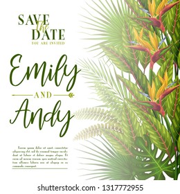 stock vector of wedding invitation template design with summer exotic tropical leaves in white background illustration