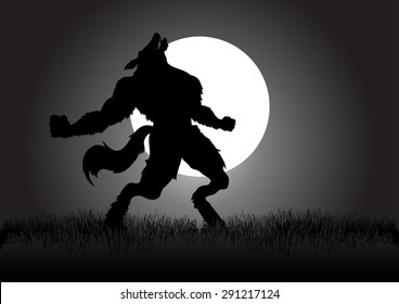 Stock vector of a werewolf howling in the night during full moon